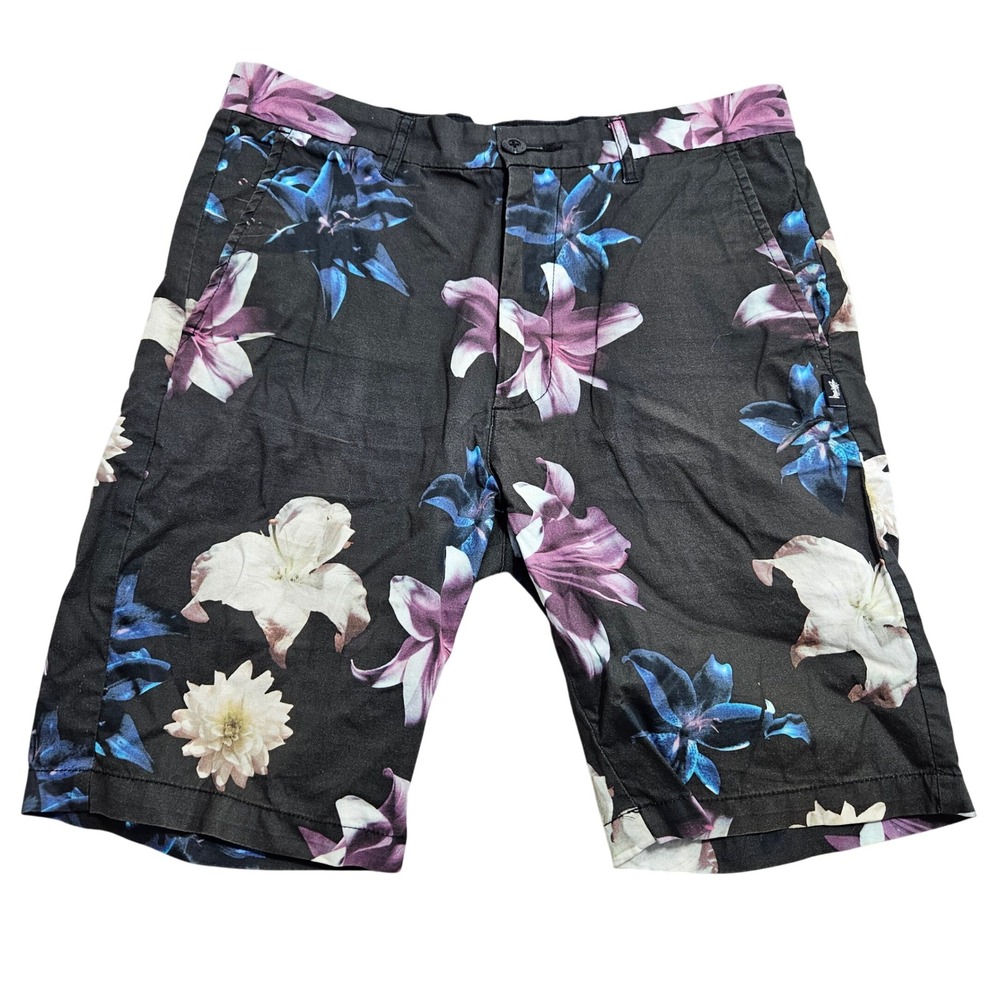 Stussy Floral Chino Shorts Men 30 Black Purple Blue Lily Print Cotton Streetwear